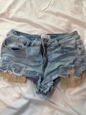 Vanilla Star Light Wash Distressed Denim Shorts with Crochet Inset